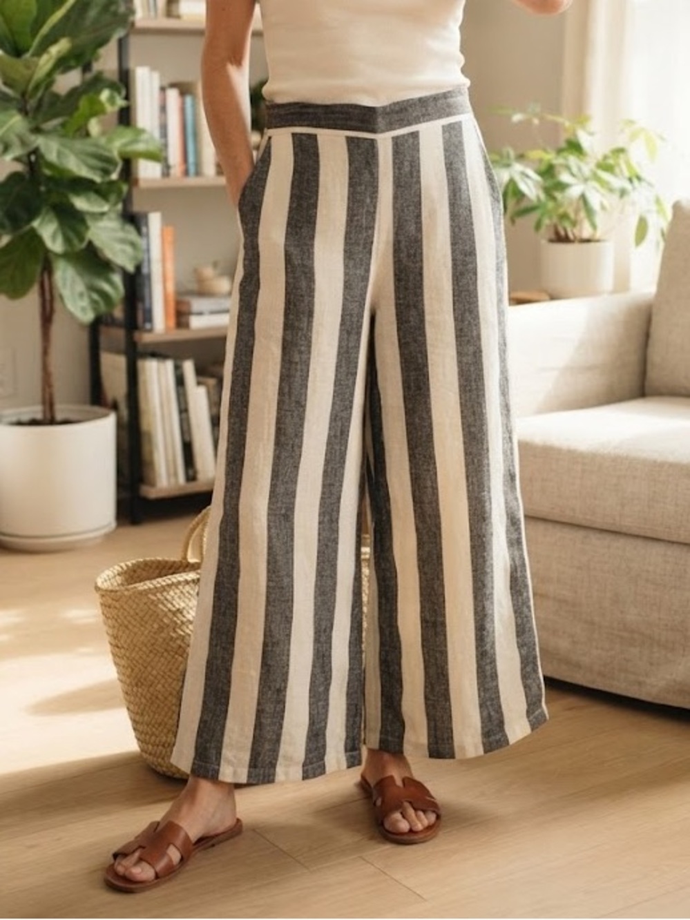 Christian Siriano Coastal Wide-Leg Striped Linen Blend Pants - #306